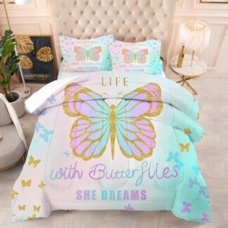 kxry Gold Butterfly Comforter Sets Queen Size All Season Bed Set Rainbow Color Bedding Sets Colorful Butterfly Bedding Quilt for Kids Teen Girls 1 Comforter+ 2 Pillowcases