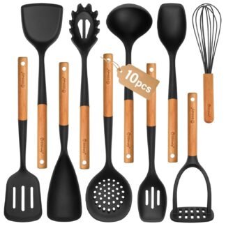 Large Silicone Cooking Utensils Set, 10Pcs Nonstick Kitchen Utensil Set with Wooden Handle, Heat Resistant Silicone Utensils for Cooking, BPA Free Spatula Set with Turners Spoon...