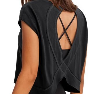 LASLULU Womens Open Back Workout Tops Short Sleeve Athletic Top Sleeveless Oversized Wrap Crop Tank Tops Running Gym Yoga Tee