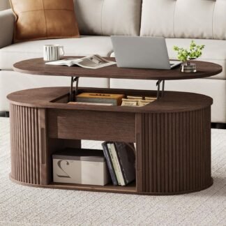 LINSY Lift Top Coffee Table, Oval Fluted Coffee Table with Storage, Mid Century Modern Wooden Coffee Tables with Sliding Tambour Door, 39" Center Table for Living Room, Office,...