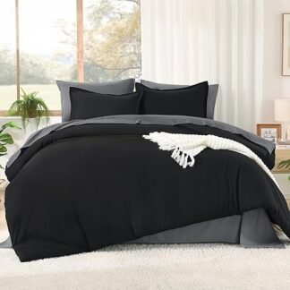 Litanika Comforter Queen Size Set Black Grey - 7 Pieces Bed in a Bag Queen Bedding Comforter Sets, Plain Lightweight Bed Set with Comforter, Sheets, Pillowcases & Shams