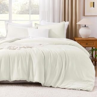 Litanika Ivory Comforter Set Queen Size, 3 Pieces Lightweight Solid Bedding Comforter Set, All Season Fluffy Bed Set (90x90In Comforter & 2 Pillowcases)