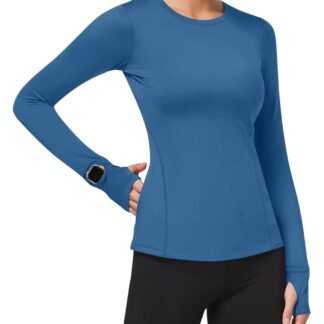 Loovoo Thermal Shirts for Women Long Sleeve Workout Tops Crewneck Fleece Base Layer Running Athletic Tee with Zipper Pocket
