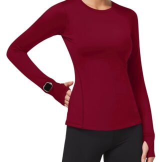 Loovoo Thermal Shirts for Women Long Sleeve Workout Tops Crewneck Fleece Base Layer Running Athletic Tee with Zipper Pocket