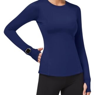 Loovoo Thermal Shirts for Women Long Sleeve Workout Tops Crewneck Fleece Base Layer Running Athletic Tee with Zipper Pocket