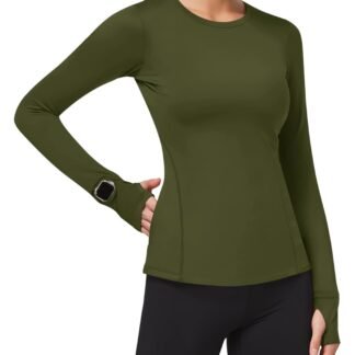 Loovoo Thermal Shirts for Women Long Sleeve Workout Tops Crewneck Fleece Base Layer Running Athletic Tee with Zipper Pocket