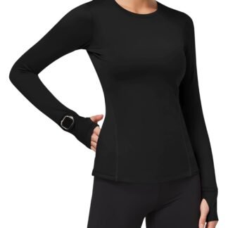 Loovoo Thermal Shirts for Women Long Sleeve Workout Tops Crewneck Fleece Base Layer Running Athletic Tee with Zipper Pocket