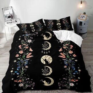 LUVIVIHOME 3PCS Black Cat Moon Phase Duvet Cover Queen Bedding Sets, Boho Aesthetic Celestial Witchy Mystic Gothic Moonlit Wildflower Floral Plant Botanical Black Comforter...
