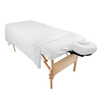 Massage Table Poly-Cotton Sheet Sets by Body Linen. - 3 Piece Set includes Flat & Flat Sheets and a Face Rest Cover. Super Soft and Durable for Professional Use (White)
