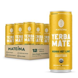 Mateina Yerba Mate Zero Sugar Energy Drink – 120mg Natural Caffeine – Organic, Non-GMO, Non-Carbonated – Dr. Andrew Huberman Recommended – 12 Pack (12oz Cans) (12 Pack, Mango...