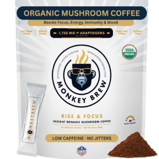 Monkey Brew Rise & Focus USDA Organic Mushroom Coffee | Boosts Focus, Energy, Immunity & Mood | 1,750mg Adaptogens: Lion’s Mane, Turkey Tail, KSM-66 Ashwagandha | Low Caffeine,...