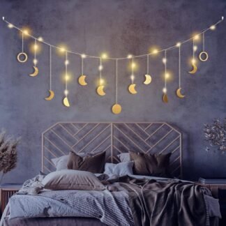 Moon Phase Wall Decor with LED String Light, 13 Gold Wood Boho Wall Hanging Decor Mood Garland 56'' - Celestial Phases Moon Decoration in Bohemian Style for Bedroom Home Living...