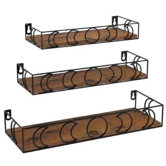 Moon Phase Wall Shelves Brown Black, 3 Pack Small Floating Book Plant Shelves for Bedroom Kid Room, Decorative Storage Display Shelf for Crystal Figurine Collectibles
