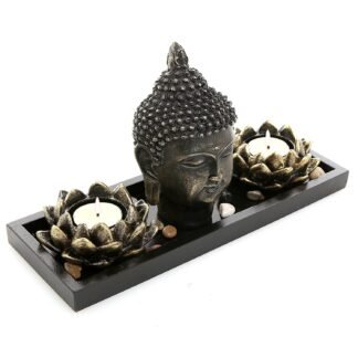 MyGift Black Buddha Head Sculpture Zen Garden Set with Lotus Tealight Candle Holders and Wooden Display Tray, Decorative Tabletop Home Accent