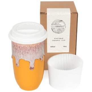 NOVA CERAMICS Ceramic Tumbler– Ceramic Travel Mug With Lid – Microwave & Dishwasher Safe Coffee White & Orange Tumbler - Gifts For Women Men Him Her – 16oz – Grapefruit