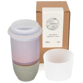 NOVA CERAMICS Coffee Travel Mug – Reusable To Go Mug – Microwave & Dishwasher Safe White & Purple Tumbler - Gifts For Women Men Him Her – 16oz – Horizon