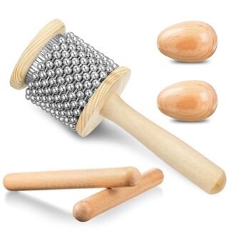 Nuanchu 5 Pcs Wooden Hand Percussion Instrument Set Mini Wooden Cabasa with Stainless Steel Breads Musical Latin Instrument Classical Wood Percussion Claves Rhythm Sticks Egg...