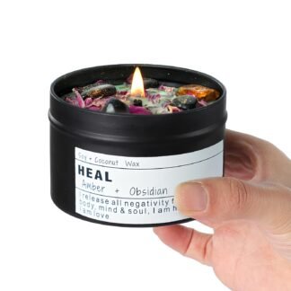 Obsidian Crystal Energy Candle, Good Aura Health Protection, Baltic Amber Chakra Magic Self-Care, Emotional Support, Encouragement and Affirmation Gift.(HEAL)