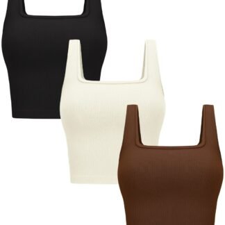 OLCHEE Womens 3 Pack Crop Tank Tops Basic Seamless Ribbed Sleeveless Square Neck Workout Top Summer Exercise Yoga Gym Shirts