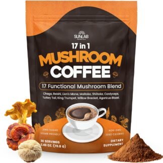 Organic Mushroom Coffee 17 Functional Mushroom Blend (Lion's Mane, Reishi, Chaga, Cordyceps, Turkey Tail & More) Gourmet Arabica Instant Coffee for Immunity, Focus & Energy -...