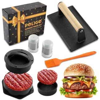 POLIGO 5PCS Smash Burger Press Kit - 4 in 1 Hamburger Patty Storage Containers,7.68"X4.1" Rectangle Cast Iron Smash Bacon Press- Non Stick Smash Burger Press Set for Grill and...