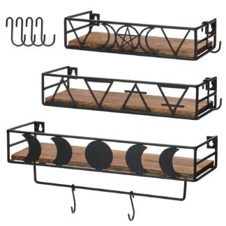 Pracaniz Moon Phase Wall Shelf with 4 Hooks, Kitchen Wall Shelves or Bathroom Floating Shelves .Crystal Shelf Display for Witchy Room Decor .Black Floating Shelf as Witchy Gifts.