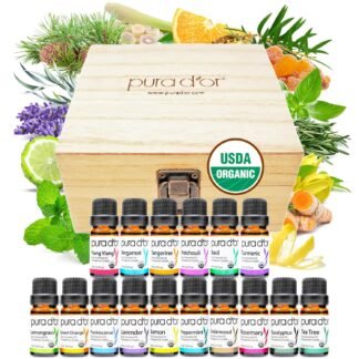 PURA D'OR Organic Sweet16 Essential Oils Set - 16x 10mL Wood Box Aromatherapy Gift Set - 100% Pure Therapeutic Grade for Relaxation and Wellness (Lavender, Rosemary, Turmeric,...