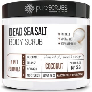 pureSCRUBS Premium Coconut Body Scrub Set - Large 16oz Dead Sea Salt Body Scrub With Infused Essential Oils & Nutrients, Includes Wooden Spoon, Loofah & Oatmeal Exfoliating Bar...