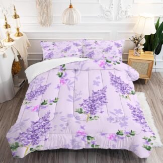 Purple Floral Comforter Sets Queen Size Farmhouse Lilac Flower Bedding Set for Women Girls Kids Teens Vintage Plant Bedroom Bed Bedspread Quilt,1 Comforter,2 Pillow Cases