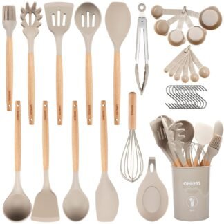 QMVESS Silicone Kitchen Utensils Set, 35 Pcs Non-Stick Cooking Utensils Set, Sturdy Insulation Wooden Handle Kitchen Accessories for Cooking with Spatula Set and Spoons Set...