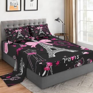 Queen Size 4 Pcs Bed Fitted Sheet Set with 14" Deep Pocket, Cute Pink Makeup Fashion Dress Flat Sheet Set for Kids and Adults, Paris Eiffel Tower Bedding with 2 Pillowcases