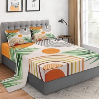 Queen Size 4 Pcs Bed Fitted Sheet Set with 14" Deep Pocket, Rainbow Sun Boho Geometric Flat Sheet Set for Kids and Adults, Contemporary Mid Century Bedding with 2 Pillowcases
