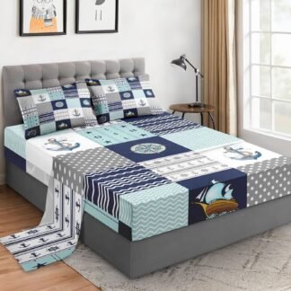 Queen Size 4 Pcs Bed Fitted Sheet Set with 14" Deep Pocket, Sea Ocean Boat Plaid Flat Sheet Set for Kids and Adults, Nautical Blue Marine Summer Bedding with 2 Pillowcases