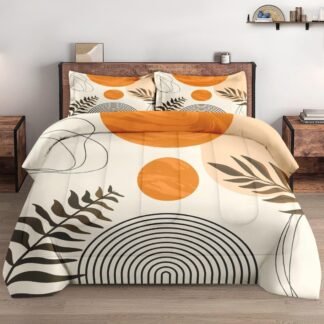Queen Size Comforter Set with 2 Pillowcases, Boho Rainbow Sun Geometric 3 Pcs Bedding for Kids and Adults, Contemporary Mid Century Soft Comforter Set for Bedroom Bed Decor