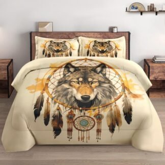 Queen Size Comforter Set with 2 Pillowcases, Colorful Tribal Wolf 3 Pcs Bedding for Kids and Adults, American Boho Feather Dog Soft Comforter Set for Bedroom Bed Decor