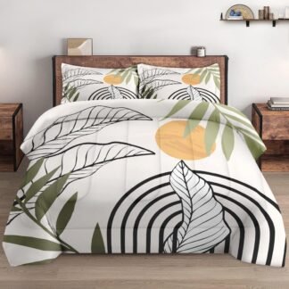 Queen Size Comforter Set with 2 Pillowcases, Mid Century Leaf 3 Pcs Bedding for Kids and Adults, Summer Green Geometric Soft Comforter Set for Bedroom Bed Decor