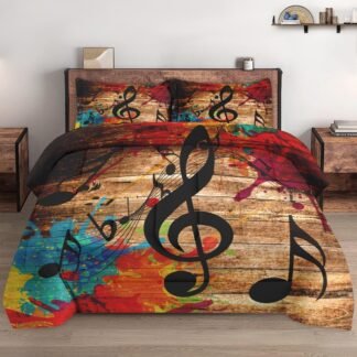 Queen Size Comforter Set with 2 Pillowcases, Musical Music Disco 3 Pcs Bedding for Kids and Adults, Black Retro Woodboard Soft Comforter Set for Bedroom Bed Decor