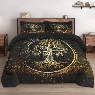 Queen Size Comforter Set with 2 Pillowcases, Nature Tree of Life 3 Pcs Bedding for Kids and Adults, Black Sun and Moon Soft Comforter Set for Bedroom Bed Decor