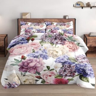 Queen Size Comforter Set with 2 Pillowcases, Painting Floral Rose Flower Hydrangea Soft 3 Pcs Bedding for Kids and Adults Bedroom Bed Decor