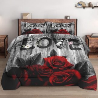 Queen Size Comforter Set with 2 Pillowcases, Red Rose Flower 3 Pcs Bedding for Kids and Adults, Summer Vintage Woodboard Soft Comforter Set for Bedroom Bed Decor