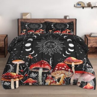 Queen Size Comforter Set with 2 Pillowcases, Sun Moon Boho Mushroom 3 Pcs Bedding for Kids and Adults, Astrology Tarot Witch Soft Comforter Set for Bedroom Bed Decor