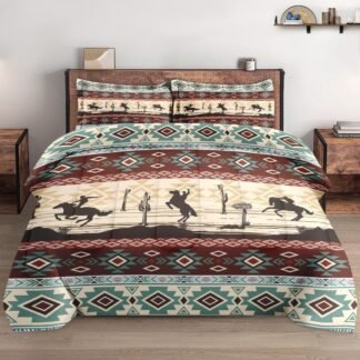 Queen Size Comforter Set with 2 Pillowcases, Tribal Cowboy Horses 3 Pcs Bedding for Kids and Adults, Retro Vintage Western Soft Comforter Set for Bedroom Bed Decor
