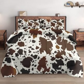 Queen Size Comforter Set with 2 Pillowcases, Vintage Cow Brown Cowhide Animal Soft 3 Pcs Bedding for Kids and Adults Bedroom Bed Decor