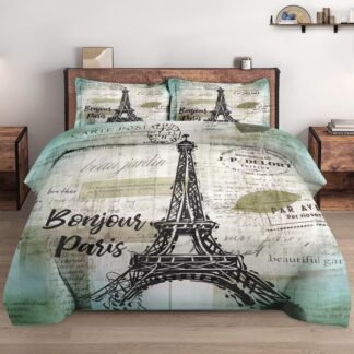 Queen Size Comforter Set with 2 Pillowcases, Vintage French Paris 3 Pcs Bedding for Kids and Adults, Retro Eiffel Tower Soft Comforter Set for Bedroom Bed Decor