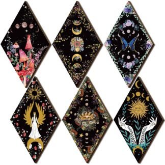 Qunclay 6 Pcs Rustic Boho Wall Decor Gothic Wall Art Witchy Phases Moon Sun Home Decor Wooden Farmhouse Hanging Halloween Christmas Decoration(Classic Style)