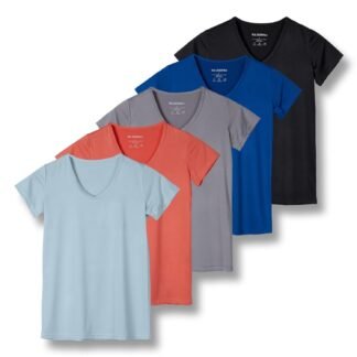 Real Essentials 5 Pack: Women's Dry Fit Short Sleeve V Neck Workout Top - Fitness Gym Athletic Yoga T-Shirt (Plus Available)
