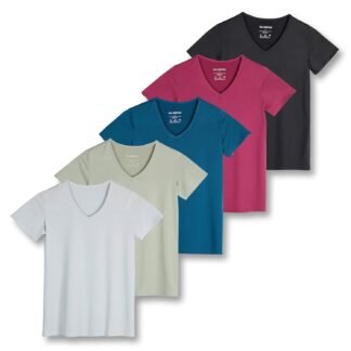 Real Essentials 5 Pack: Women's Dry Fit Short Sleeve V Neck Workout Top - Fitness Gym Athletic Yoga T-Shirt (Plus Available)