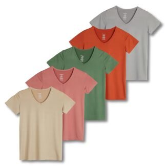 Real Essentials 5 Pack: Women's Dry Fit Short Sleeve V Neck Workout Top - Fitness Gym Athletic Yoga T-Shirt (Plus Available)