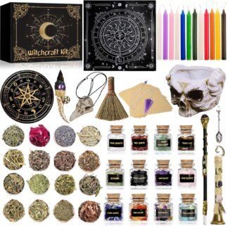 Rileryan 64 PCS Witchcraft Supplies Kit Wiccan Altar Supplies and Tools Witch Crafts Supplies Spell Kit Mini Crystals Witch Candles Witchy Gifts for Women Halloween Acessories