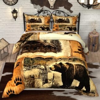 Rustic Bear Comforter Sets for Kids Adults,3D Pattern Cabin Theme,Decorative Bedding Comforter Sets with 2 Pillow Shams, Queen Size